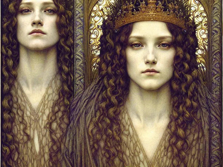 Image similar to detailed realistic beautiful young medieval queen face portrait by jean delville, gustave dore and marco mazzoni, art nouveau, symbolist, visionary, gothic, pre - raphaelite. horizontal symmetry