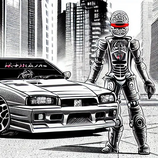 Image similar to beautiful hyper-detailed artwork of a robot ninja warrior with a sword, driving through the city, in a modified Nissan skyline r34, cyberpunk, lo-fi