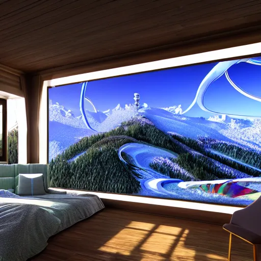 Image similar to : hyperbolic psychedelic ski resort, luxury, modern architectural plans hyper - realistic, detailed, render by c 4 d octane, unreal engine, 8 k 3 d render ray traceing