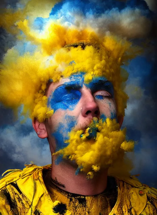 Prompt: crying!!!!!! modern ukrainian soldier!!, covered in yellow and blue clouds, disarming, enchanting, fragile, shamanistic, cloudcore, portrait, by kim keever