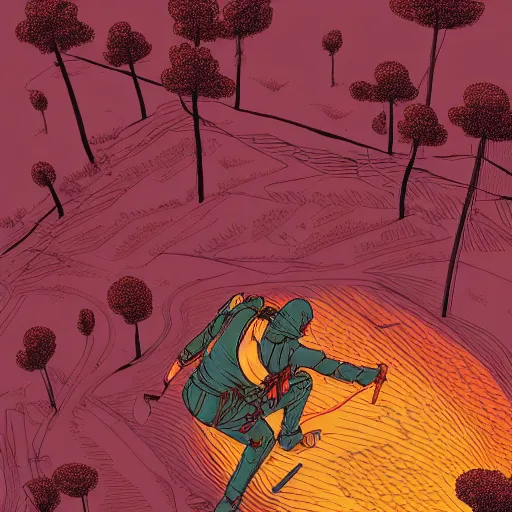 Prompt: aerial isometric view illustration of single hooded explorer in middle of lush forest , highly detailed, sunset, by , Max Prentis, Moebius, Laurie Greasley