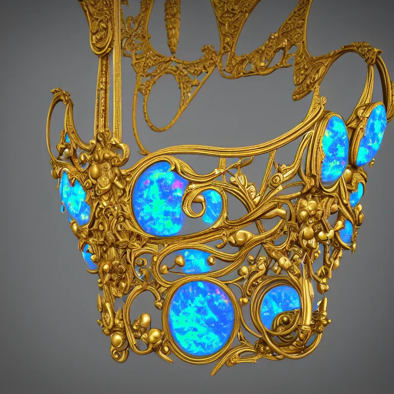 Image similar to historical, art nouveau, ornate, delicate, opals and cyan gemstone choker, glowing inside, shiny gold, octane render, realistic, dramatic light, 3 d, photograph 4 k,