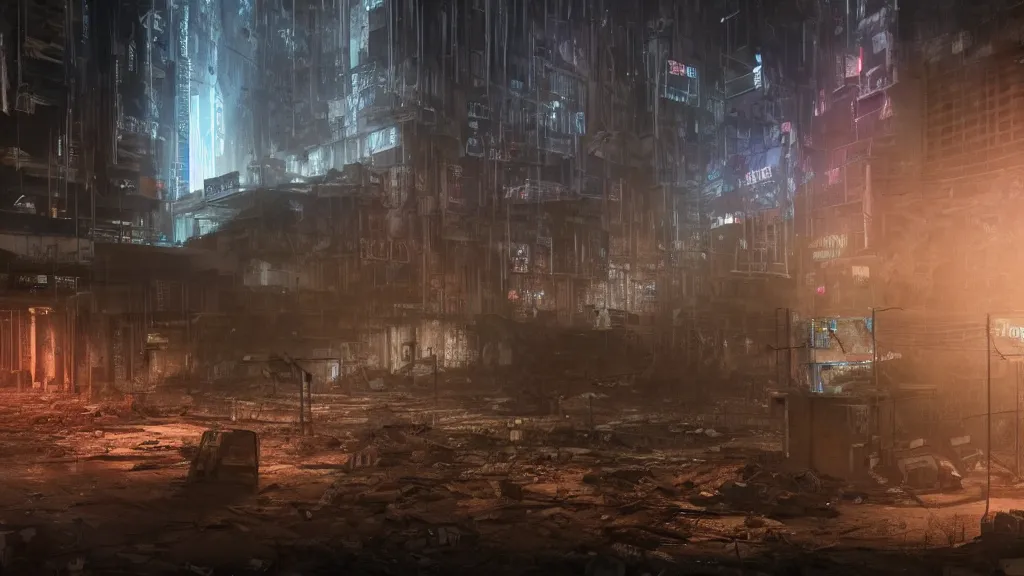 Prompt: The ruins of an abandoned cyberpunk city at night, volumetric lighting, liminal space, haunting atmosphere, photorealistic, hyperdetailed 3D matte painting, hyperrealism, hyperrealistic, cinematic, silent hill, horror style 8k ultra HD octane render