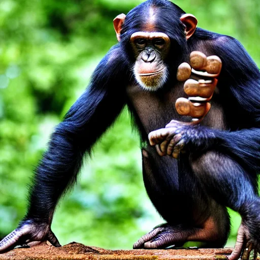 Image similar to chimpanzee looking curiously at a cyborg, hd photograph