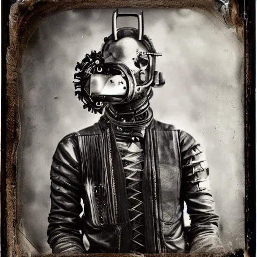Image similar to tintype photographs of techno shamans, telepaths, dieselpunk cyborgs, masked heroes, irradiated humans, ancient ones, mystic monsters, and monster hunters