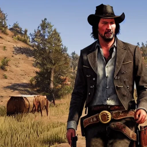 Image similar to Cover art of Red Dead Redemption 3, no text, Keanu Reeves as the main character