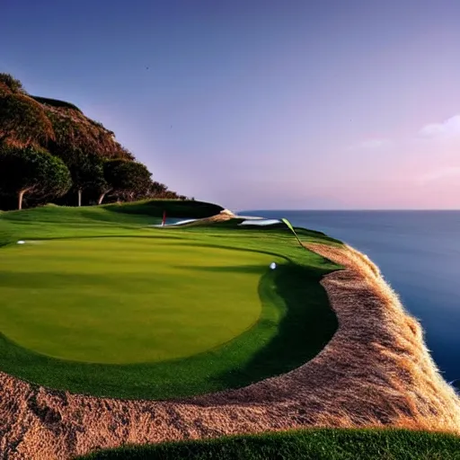 Image similar to a great photo from the teebox of the most amazing golf hole in the words, cliffs by the sea, perfect green fairway, ambient light