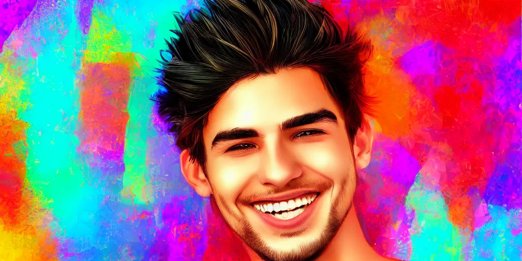 Image similar to most handsome beautiful young man smiling, digital art, colourful background, digital art, seductive.