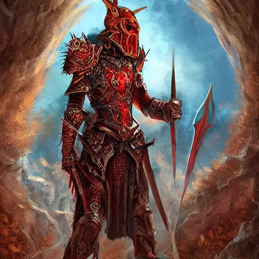 Image similar to blood paladin, fantasy art, located in a castle, legendary spiky armor, red sunlight through the window, decorated, high quality, highly detailed,