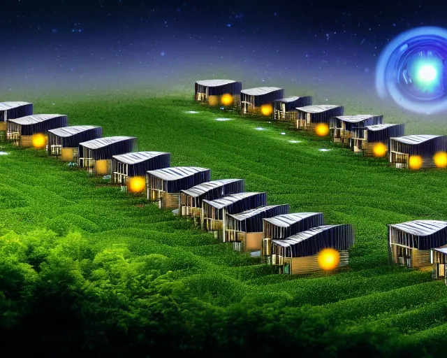 Prompt: connected ecovillage houses with solarroofs, very big bees flying around - plant goddess high quality photo, microchip, artificial intelligence, bio - mechanical bio - luminescence, black wired cables, neurons, nerve cells, cinematic, rim light, photo - realistic, elegant, high detail, 8 k, masterpiece, high fashion, in the style of man ray