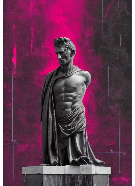 Image similar to elegant dark design poster showing a statue of julius caesar, black background with very subtle red and purple design elements, powerful, vito acconci, thin straight purple lines, dark, glitch art, neo vaporwave, gritty, layout frame, square, trending on artstation