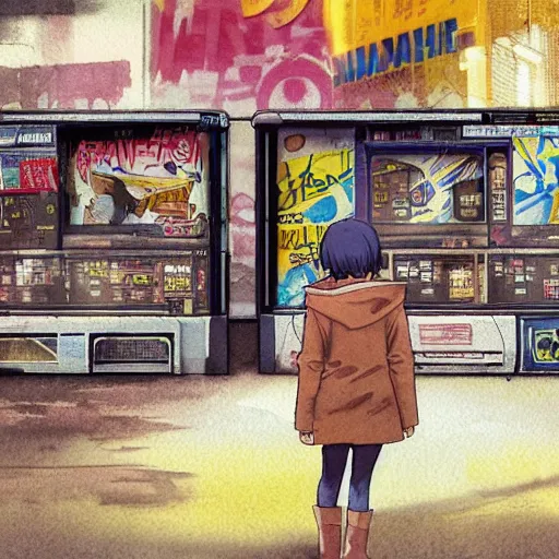 Image similar to incredible wide screenshot, ultrawide, simple watercolor, rough paper texture, ghost in the shell movie scene, backlit distant shot of girl in a parka running from a giant robot invasion side view, yellow parasol in deserted dusty shinjuku junk town, broken vending machines, bold graphic graffiti, old pawn shop, bright sun bleached ground, mud, fog, dust, windy, scary robot monster lurks in the background, ghost mask, teeth, animatronic, black smoke, pale beige sky, junk tv, texture, brown mud, dust, tangled overhead wires, telephone pole, dusty, dry, pencil marks, genius party,shinjuku, koji morimoto, katsuya terada, masamune shirow, tatsuyuki tanaka hd, 4k, remaster, dynamic camera angle, deep 3 point perspective, fish eye, dynamic scene