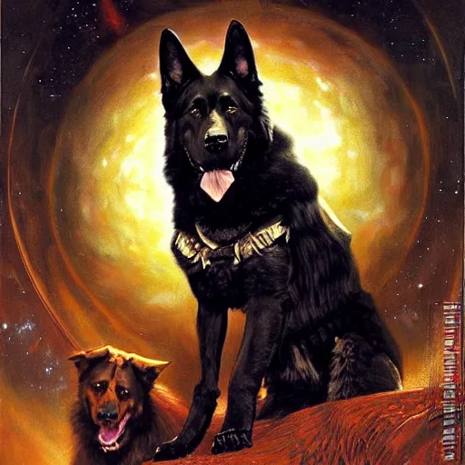 Prompt: a portrait of black german shepherd beast - man, star trek the next generation. highly detailed painting by gaston bussiere, craig mullins, j. c. leyendecker