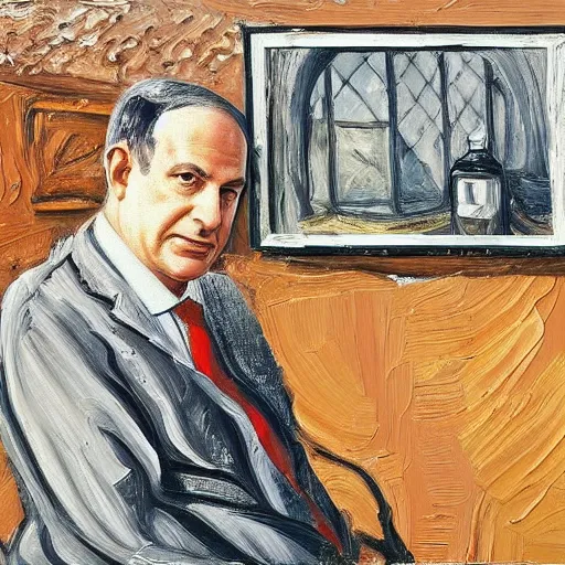 Image similar to benjamin netanyahu on a victorian style bad old deteriorating walls in the background in the style of lucian freud, painting, dark, brush strokes