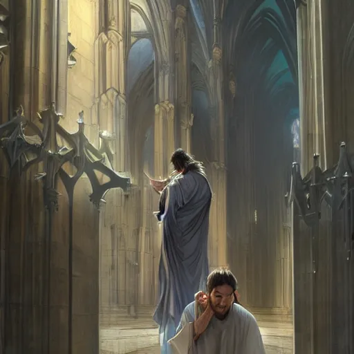 Image similar to angel protecting man who is praying inside a gothic church by Stanley Artgerm Lau, WLOP, Rossdraws, James Jean, Andrei Riabovitchev, Marc Simonetti, Yoshitaka Amano, ArtStation, CGSociety