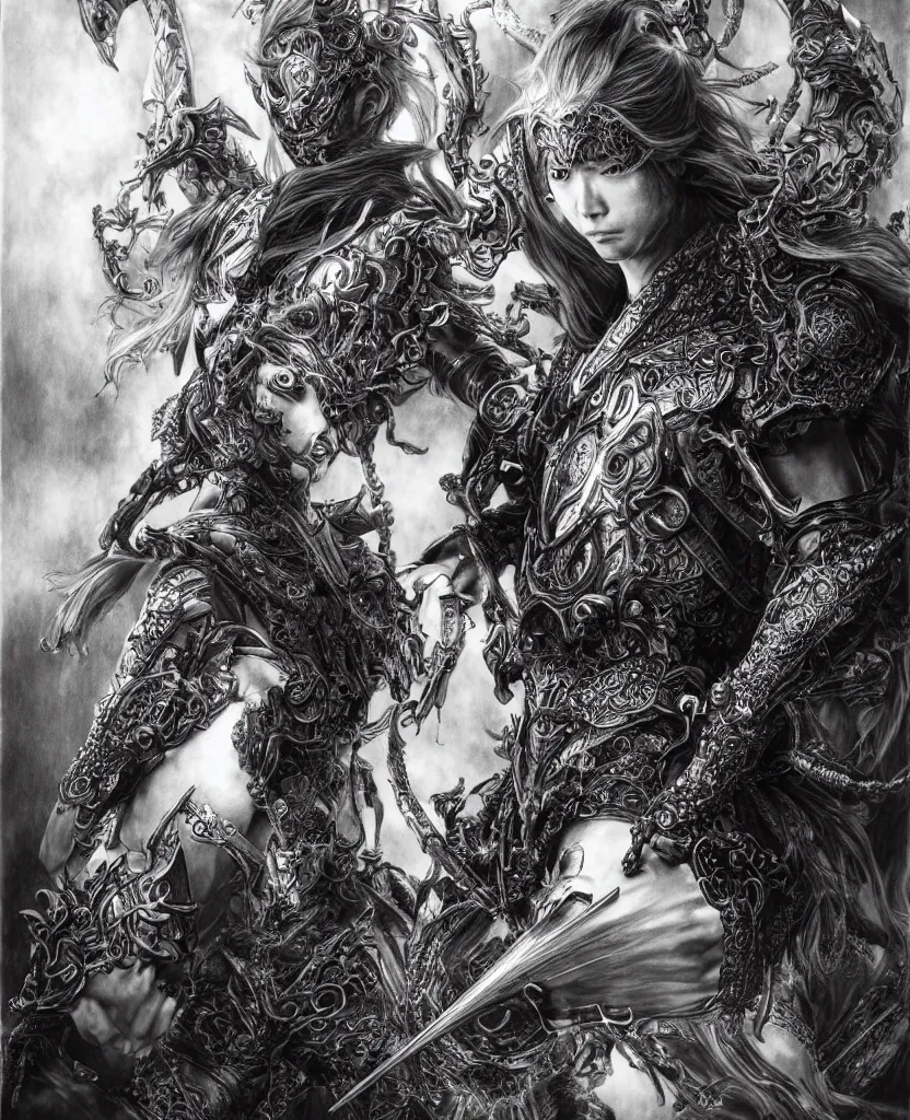 Image similar to hyper - realistic pencil drawing inspired by shinichi sakamoto of a fantasy warrior with hyper detailed and ornate art nouveau medieval armor, long hair twirling, very exaggerated fisheye perspective, art by yoshitaka amano and kojima ayami