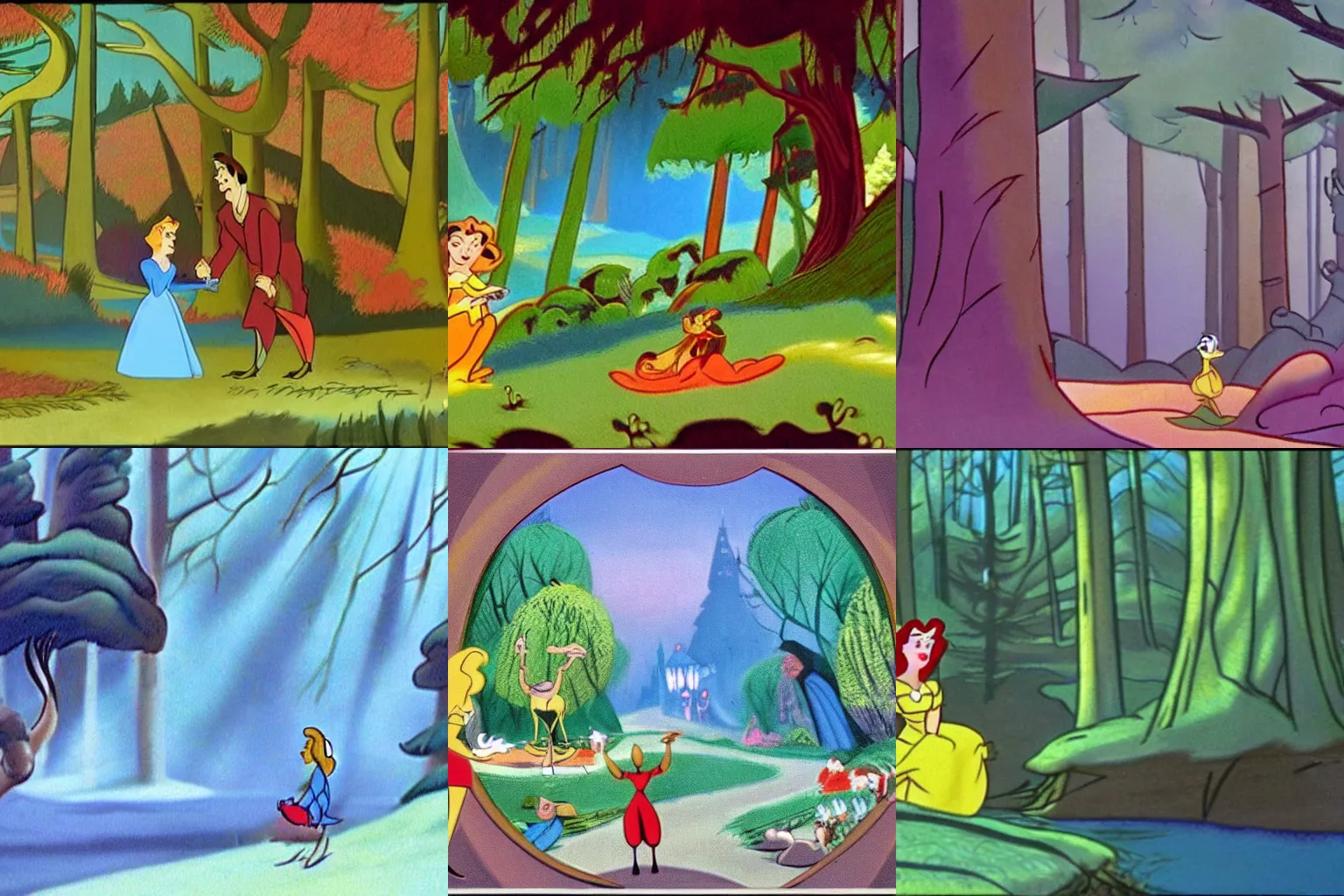 Prompt: Movie frame from the coloured Disney animated motion picture released in 1946, beautiful enchanted forest full of