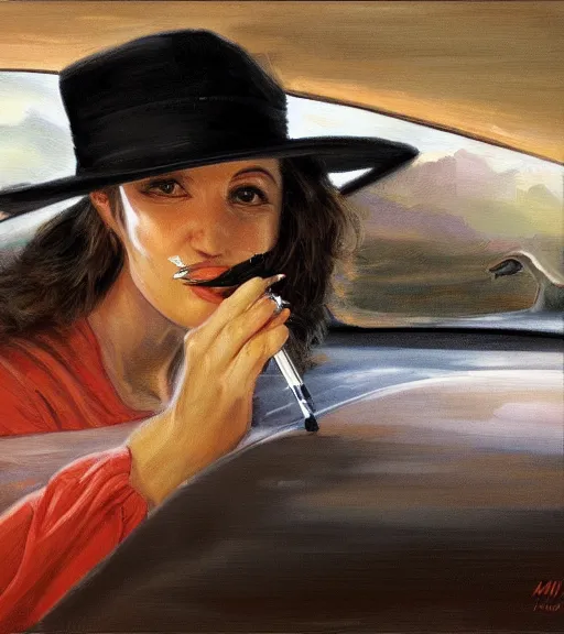 Image similar to high quality high detail painting by alberto mielgo and jaime jones, woman smoking in a car, hd