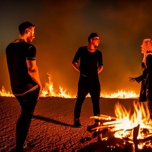 Image similar to atmospheric photograph of three fully clothed ravers, two men, one woman, seen from behind, talking around a fire, dancefloor kismet, diverse costumes, clean composition, desert transition area, bonfire, night, australian desert, xf iq 4, symmetry, sony a 7 r, 1 5 0 mp, 5 0 mm