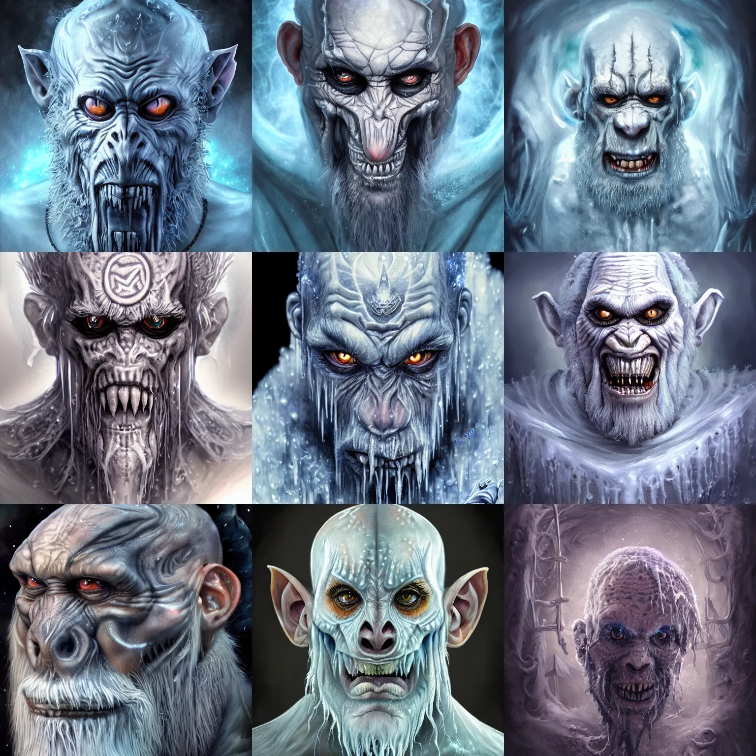 Prompt: a wlop 3 d render of very very very very highly detailed beautiful mystic portrait of a horror ice phantom ape demon with tattoos and frosty background by anton pieck, intricate, extremely detailed, digital painting, artstation, concept art, smooth, sharp focus, illustration, intimidating lighting, incredible art,