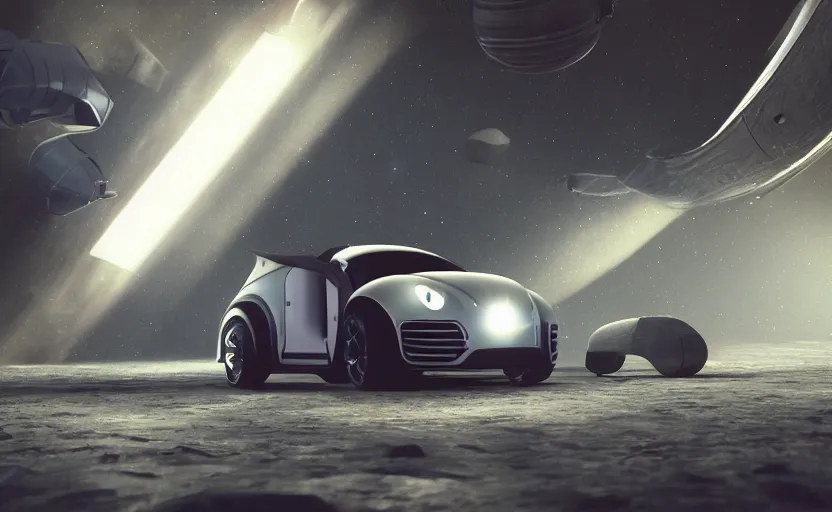 Prompt: a spaceship version of the vw beetle floating in the space, masterpiece, hyperrealistic, futuristic, symmetrical, octane render, unreal engine 5, path traced, highly detailed, high quality, 8 k, cinematic, high coherence, soft lighting, spacecraft, bloom