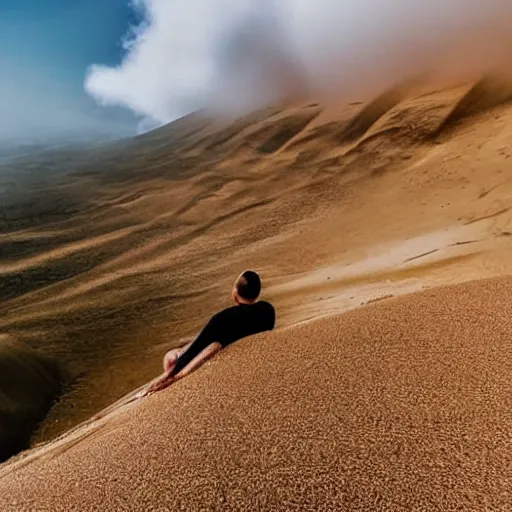 Image similar to man sitting on top peak mountain cliff looking at huge sand tornado