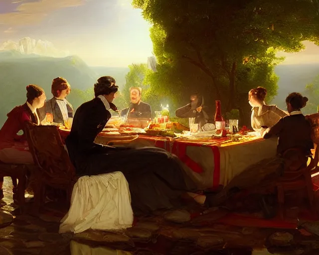 Image similar to an oil painting of victorian dinner, a digital painting by thomas cole, cgsociety, metaphysical painting, 2 d game art, storybook illustration, detailed painting