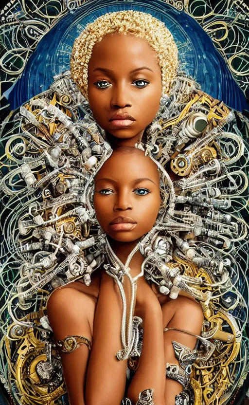 Prompt: beautiful mural of the young cyborg african girl, piercing glowing eyes, elegant, futuristic royal gown, detailed ornaments, striking composition, highly detailed ornate sci fi background, vogue poses, striking composition, highly detailed ornate sci fi background, vivid details, amalgamation of nature and technology, wires, glowing tubes, beautiful composition, mural in the style of sandro botticelli, caravaggio, albrecth durer, 8k