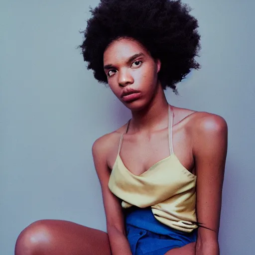 Image similar to realistic photoshooting for a new ssense lookbook, color film photography, portrait of a beautiful woman, photo in style of tyler mitchell, 3 5 mm, y 2 k