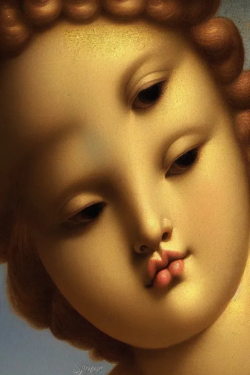 Image similar to Beautiful girl, calm face, closeup, ultra detailed, made in gold, Guido Reni style