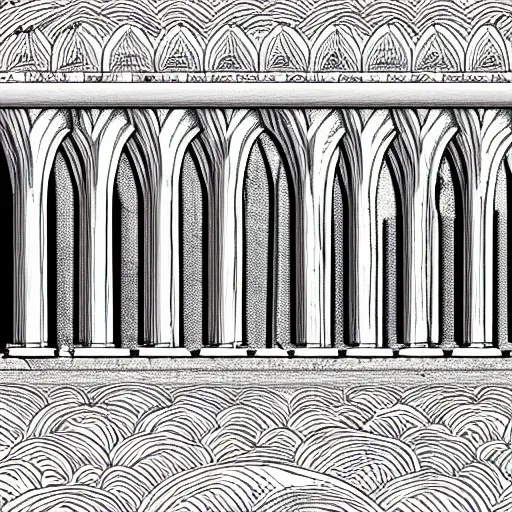 Prompt: design pattern of aqueducts, black and white color, digital, procreate, horizontal, multilayer