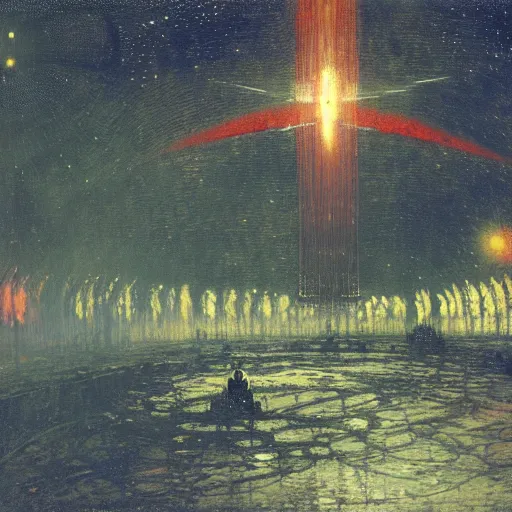 Prompt: A Holy war in space, by John Atkinson Grimshaw.