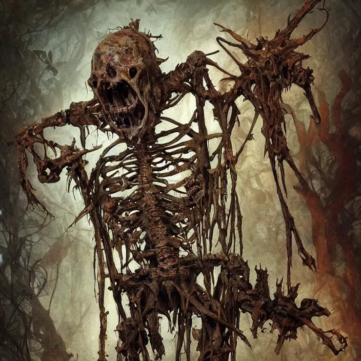 Image similar to a skeletal creature with rotting flesh still clinging to its bones. Its eyes are sunken in and dark, and its mouth is open in a permanent scream. It is clad in tattered rags and wields a rusty sword, symmetrical, D&D character art, portrait, digital painting, Peter Mohrbacher, Alphonse Mucha, Brian Froud, Yoshitaka Amano, Kim Keever, Victo Ngai, James Jean