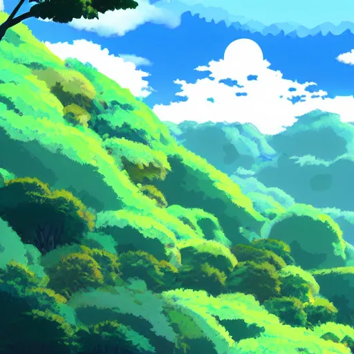 Image similar to a beautiful landscape shot of mountains and forest by Studio Ghibli, digital art