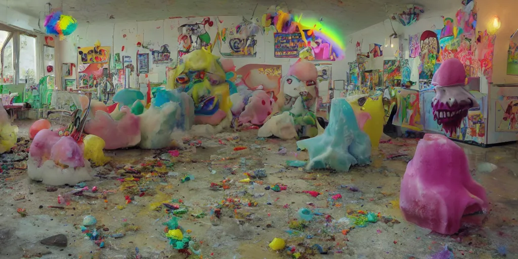 Prompt: a huge messy colorful puddle of runny rainbow sherbet on the floor of a abandoned ice cream parlor comes to life, the sherbet raises to stand in the shape of a evil clown with sharp scary fangs attacking. a legion of giant evil gummy bares are behind.