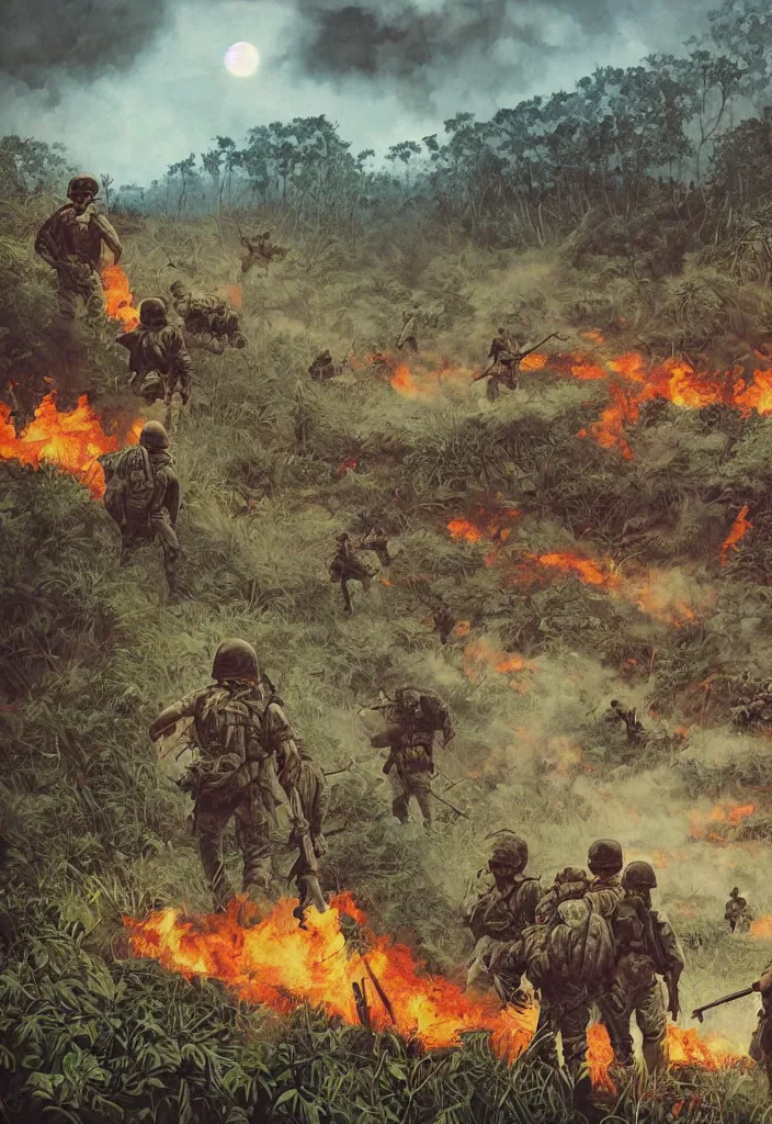 Image similar to handmade illustration of an epic Vietnam war scene with a very few american soldiers walking into the jungle, some smoke and fire, blue sky with dramatic clouds, line art, ballpoint, oil on canvas by Kilian Eng and by Jake Parker, heavy brushstrokes, winning-award masterpiece, fantastic, octane render, 8K HD Resolution, High quality image