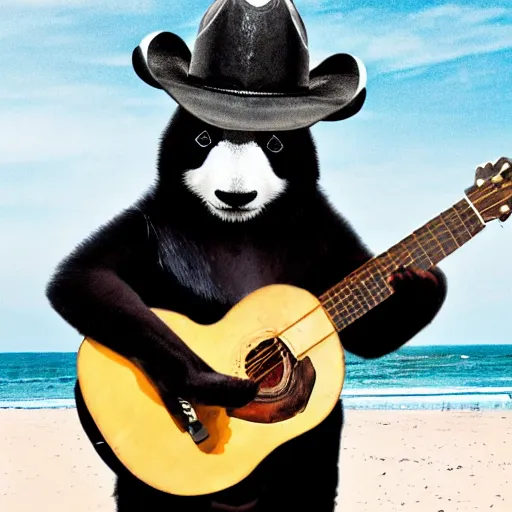 Image similar to photo of a panda wearing a cowboy hat and black leather jacket playing a guitar on a beach