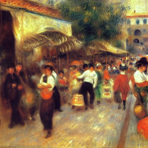 Image similar to Painting of a street market, portugal, by Renoir, Jean Béraud, busy, movement, impressionist, early morning, somber colours