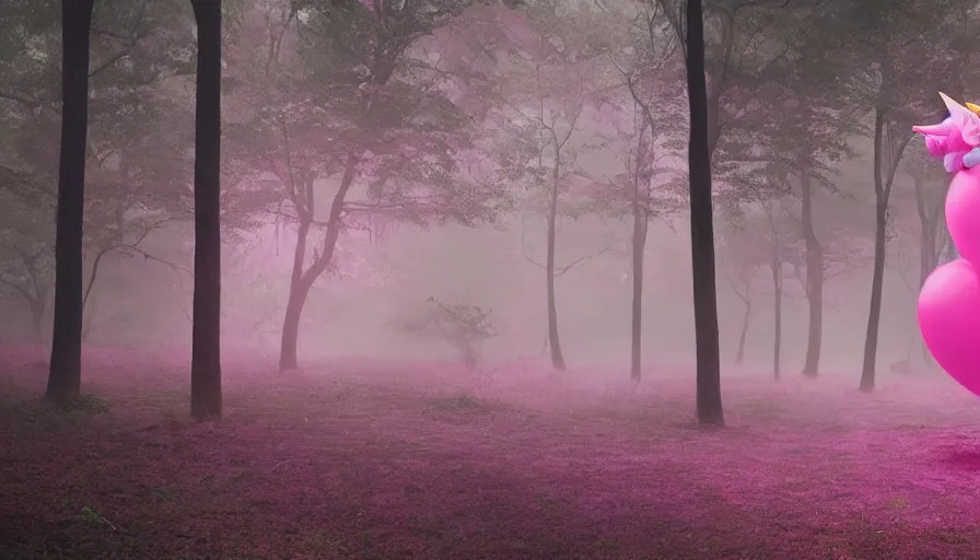 Image similar to A bright pink balloon shaped like a unicorn floats lonely through a dark foggy Forest, Digital Art, Photorealism, Hyper Realistic, Hyperdetailed, Movie Screenshot, iMAX Quality