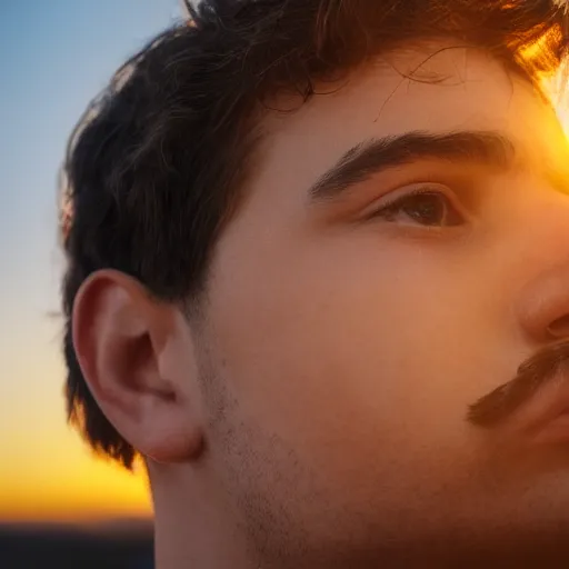 Prompt: closeup of a young gentlemen's face with a mustache, 4K, beautiful, sunset