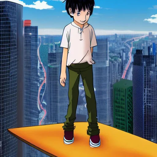 Prompt: a boy who stands on the roof of a skyscraper, anime