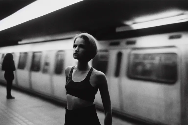 Image similar to girl in crop top in a subway, richard avedon, tri - x pan, ominous lighting