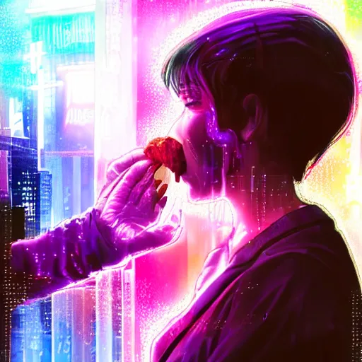 Image similar to portrait of taking a bite out of an edible rgb light with a gooey filling being sold at a road side stand, cyberpunk, high quality, digital art, ue 5,