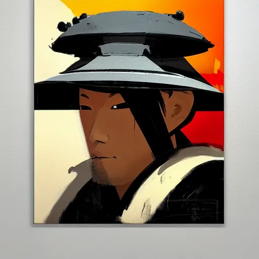 Image similar to ashley wood portrait painting of, a samurai, with mouseketeer hat on, as overwatch character, medium shot, asymmetrical, profile picture, organic painting, dramatic lighting, matte painting, bold shapes, hard edges, 6 0 s french movie poster, french impressionism, palette knife and brush strokes, dutch angle, by huang guangjian and gil elvgren and sachin teng