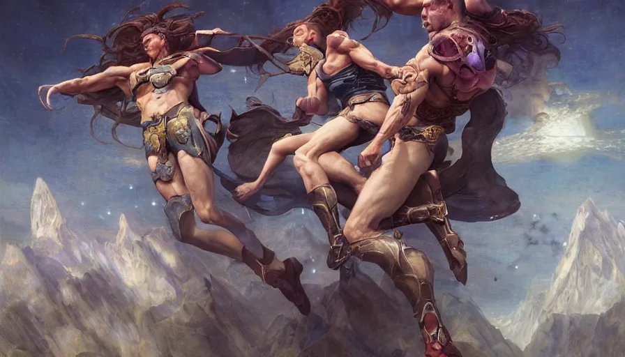 Prompt: epic masterpiece tournament, hyperrealistic, octane render, cinematic, night, moon, muscular bodies, sweaty skin flying kicks, magic, by Edgar Maxence and Ross Tran and Michael Whelan, Lorenzo Sperlonga Legends of Runeterra