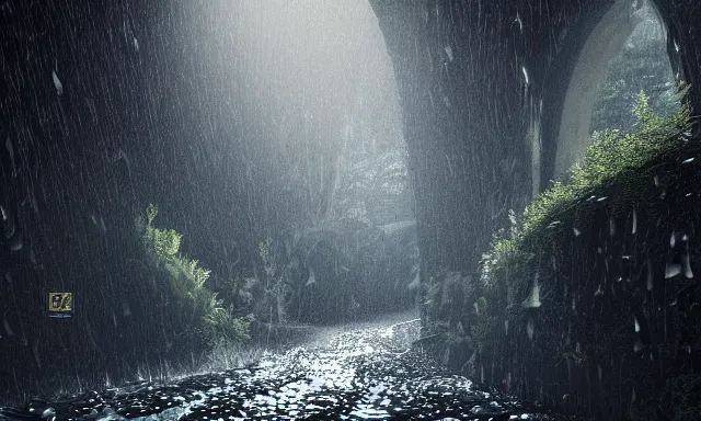 Image similar to beautiful photograph of a vertical tunnel made of raindrops, between a dried up river and the sun, highly-detailed, fantastic, dramatic lighting, artstation, 4k