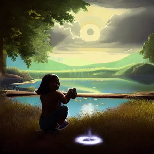 Prompt: a retro realistic illustration of a ghost!!! shining in a lake while a black kid! stares at it with a florest! in the background, a scenic view, realistic, volumetric light, detailed oilpainting, trending on artstation.