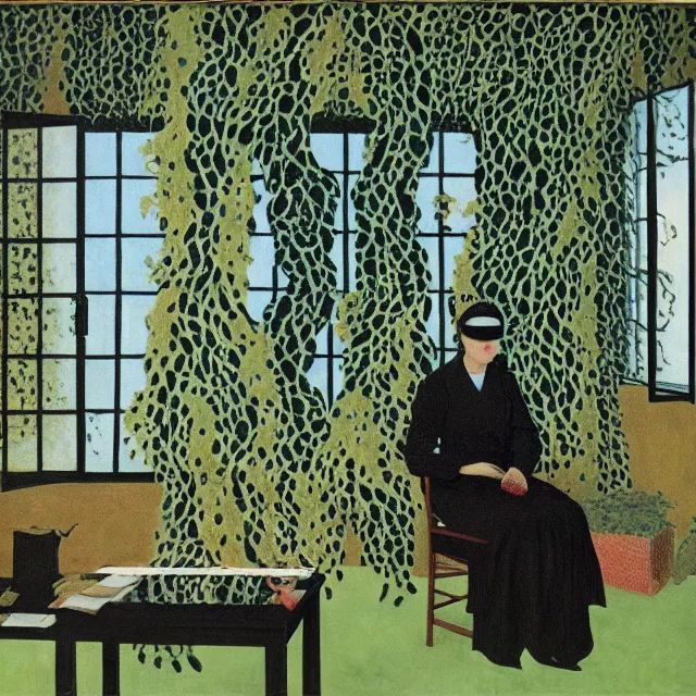 Image similar to a pathology student in her apartment, wrapped in vines, large stones, octopus, black walls, ikebana, black armchair, puddles, moss, acrylic on canvas, surrealist, by magritte and monet