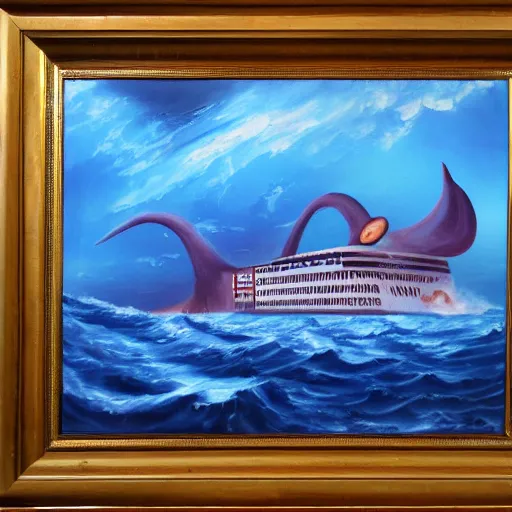 Prompt: A giant squid destroying a cruise ship in the middle of the ocean, oil painting