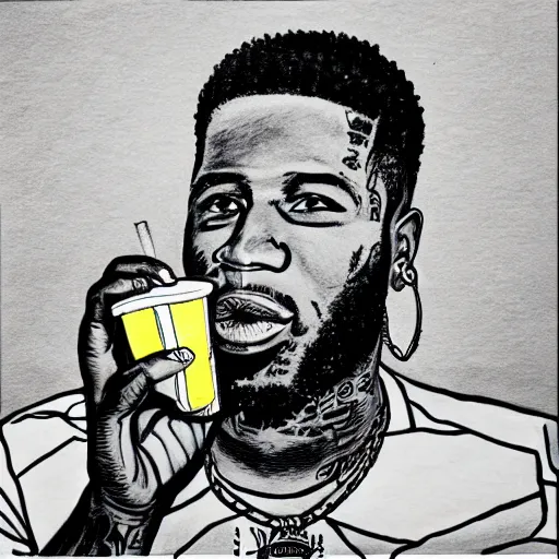 Prompt: ink drawing of gucci mane drinking lemonade, hyper realistic